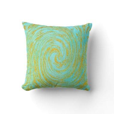 Teal Blue Green Swirl Abstract Gold Golden Glitter Outdoor Pillow