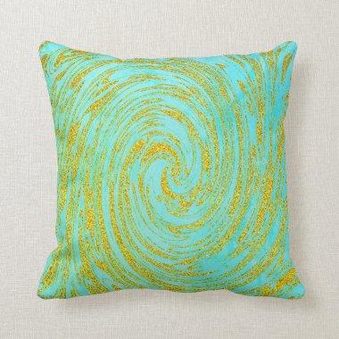 Teal Blue Green Swirl Abstract Gold Golden Glitter Throw Pillow