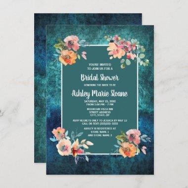 Teal Blue Pink Floral Watercolor Bridal Shower Invitations