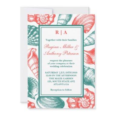 Teal Blue Red Seashells Beach Wedding