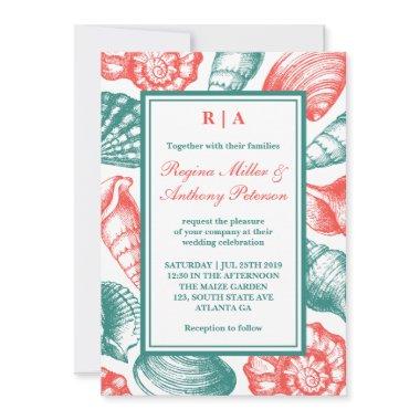 Teal Blue Red Seashells Beach Wedding Invitations