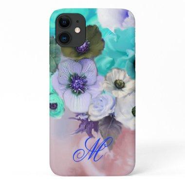 TEAL BLUE ROSES AND WHITE ANEMONE FLOWERS MONOGRAM iPhone 11 CASE
