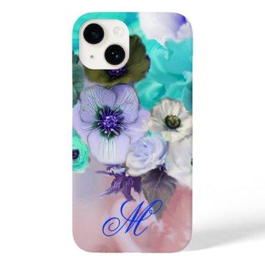TEAL BLUE ROSES AND WHITE ANEMONE FLOWERS MONOGRAM Case-Mate iPhone 14 CASE