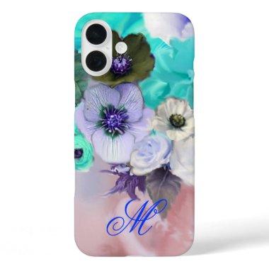 TEAL BLUE ROSES AND WHITE ANEMONE FLOWERS MONOGRAM iPhone 16 PLUS CASE