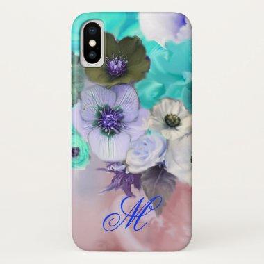 TEAL BLUE ROSES AND WHITE ANEMONE FLOWERS MONOGRAM iPhone X CASE
