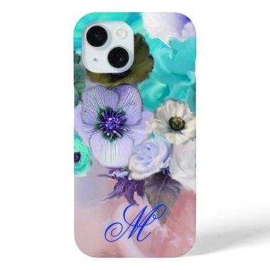 TEAL BLUE ROSES AND WHITE ANEMONE FLOWERS MONOGRAM iPhone 15 CASE