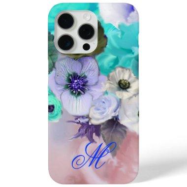 TEAL BLUE ROSES AND WHITE ANEMONE FLOWERS MONOGRAM iPhone 15 PRO MAX CASE
