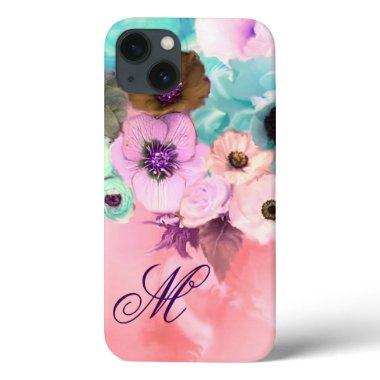 TEAL BLUE ROSES, PINK ANEMONE FLOWERS MONOGRAM iPhone 13 CASE