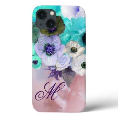 TEAL BLUE ROSES,WHITE ANEMONE FLOWERS MONOGRAM iPhone 13 CASE