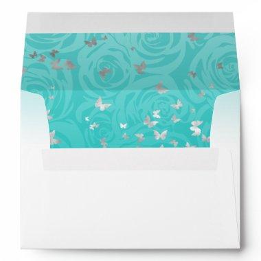 Teal Blue Silver Butterfly Crown Return Address Envelope