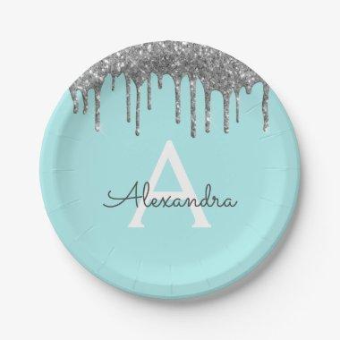 Teal Blue Silver Glitter Monogram Birthday Paper Plates