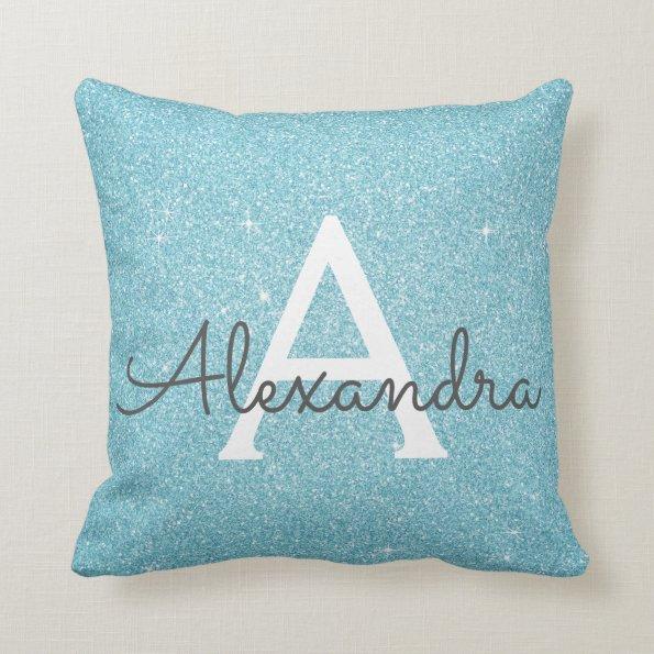 Teal Blue Sparkle Glitter Monogram Name & Initial Throw Pillow