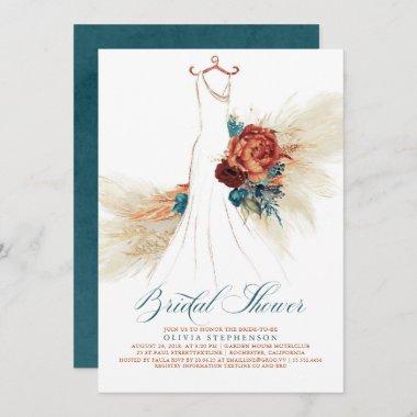 Teal Blue Terracotta Floral Boho Bridal Shower Invitations