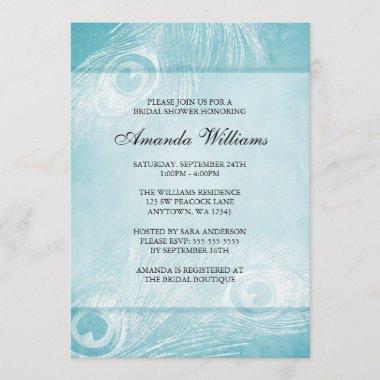 Teal Blue Watercolor Peacock Feather Bridal Shower Invitations