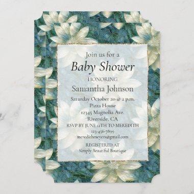 Teal Blue White Floral Invitations