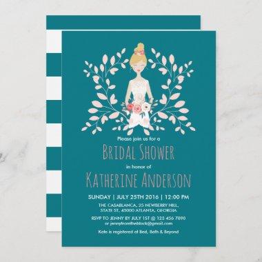 Teal Bride Wedding Dress Bridal Shower Invitations