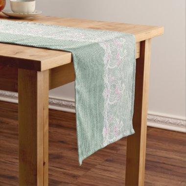 Teal Burlap and White Lace Table Runner