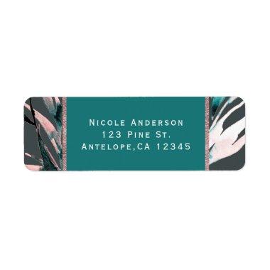 Teal Coral Grey Watercolor Botanical Glam Wedding Label