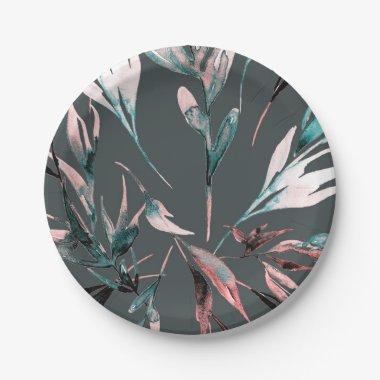 Teal Coral Watercolor Botanical Glam Wedding Party Paper Plates