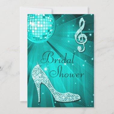 Teal Disco Ball and Sparkle Heels Bridal Shower Invitations