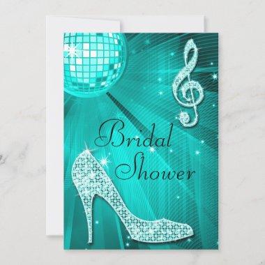 Teal Disco Ball and Sparkle Heels Bridal Shower Invitations