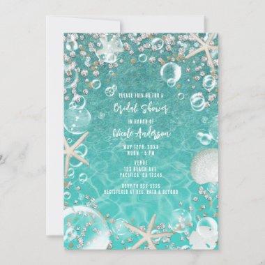 Teal Enchanted Sea Starfish & Bubbles Bridal Invitations