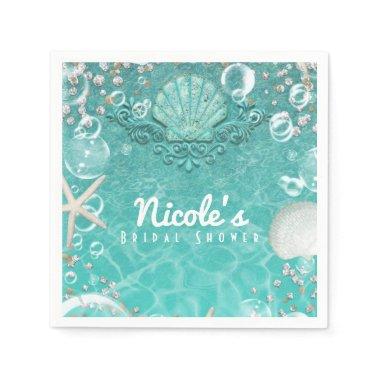 Teal Enchanted Sea Starfish & Bubbles Ocean Party Paper Napkins