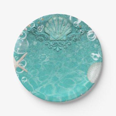 Teal Enchanted Sea Starfish & Bubbles Ocean Party Paper Plates