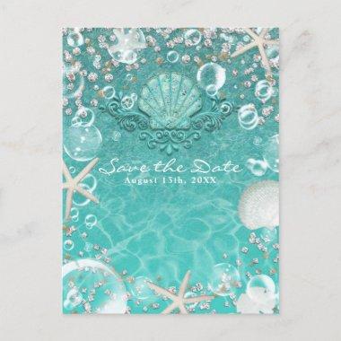 Teal Enchanted Starfish & Bubbles Save the Date Announcement PostInvitations