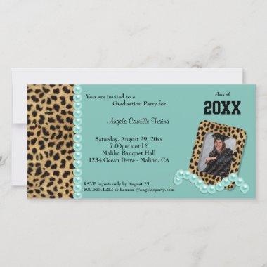 Teal Faux Leopard And Matching Pearls Invitations