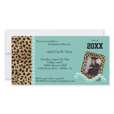 Teal Faux Leopard And Matching Pearls Invitations