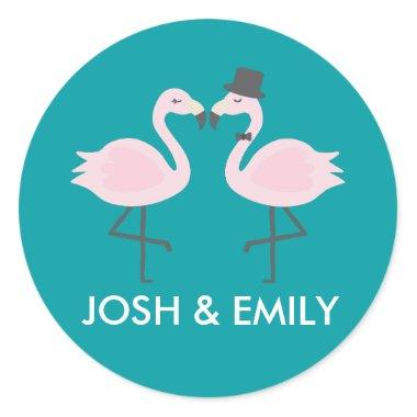 Teal Flamingo Wedding Bride & Groom Pair Classic Round Sticker