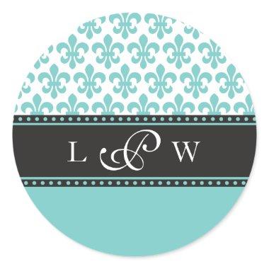 Teal Fleur de lis Wedding Monogram Sticker
