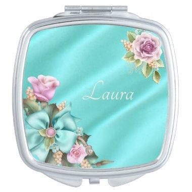 Teal Floral Compact mirror for the Bride