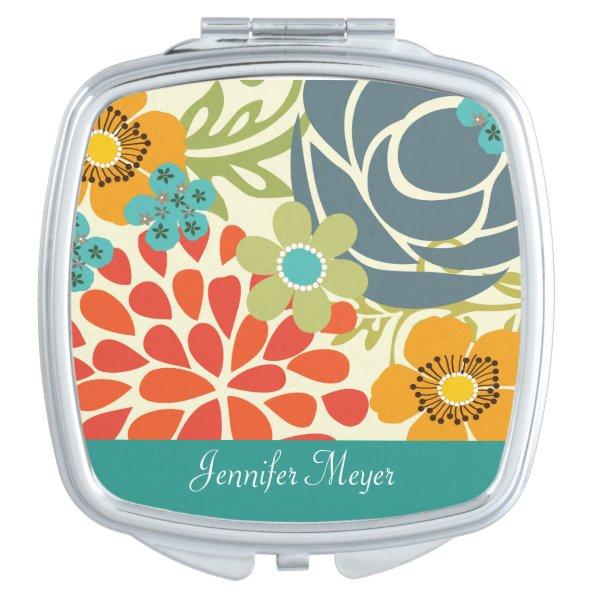 Teal Floral Garden Personalized Compact Mirror
