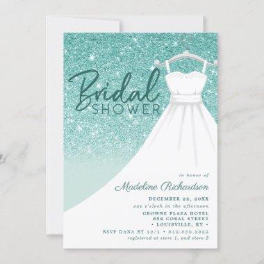 Teal Glitter Wedding Dress Chic Bridal Shower Invitations