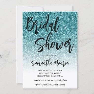 Teal Glitter White Gradient Bridal Shower Invitations