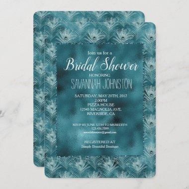 Teal Glitzy Glam Peacock Feathers Bridal Shower Invitations