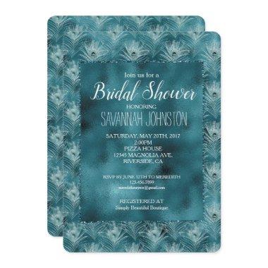 Teal Glitzy Glam Peacock Feathers Bridal Shower Invitations