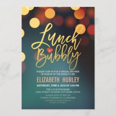 Teal Gold Bokeh Lights Lunch Bubbly Bridal Shower Invitations
