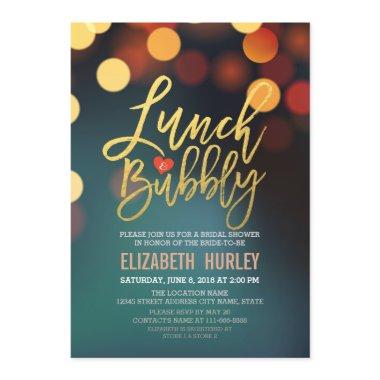 Teal Gold Bokeh Lights Lunch Bubbly Bridal Shower Invitations