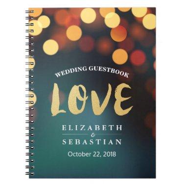 Teal Gold Bokeh String Lights Wedding Guestbook Notebook