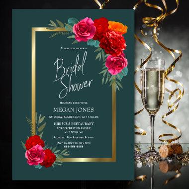 Teal Gold Burgundy Floral Bridal Shower Invitations