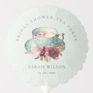 Teal Gold Floral Teacup Bridal Shower Tea Party Balloon