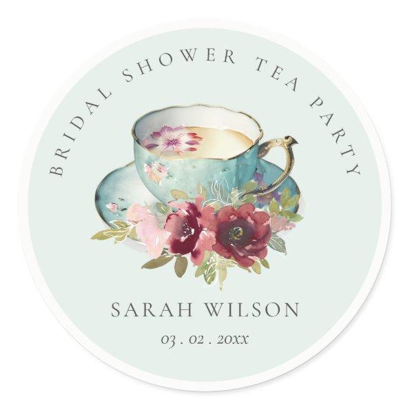 Teal Gold Floral Teacup Bridal Shower Tea Party Classic Round Sticker