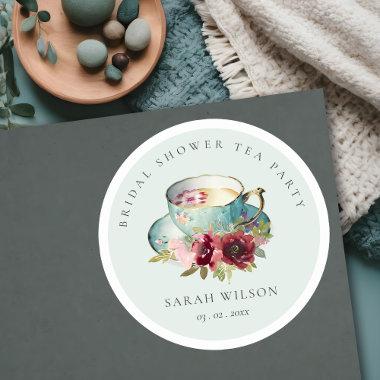 Teal Gold Floral Teacup  Tea Party Classic Round Sticker