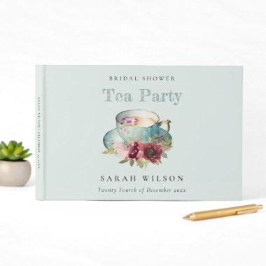 Teal Gold Floral Teacup Bridal Shower Tea Party Guest Book