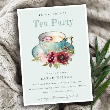 Teal Gold Floral Teacup Bridal Shower Tea Party Invitations