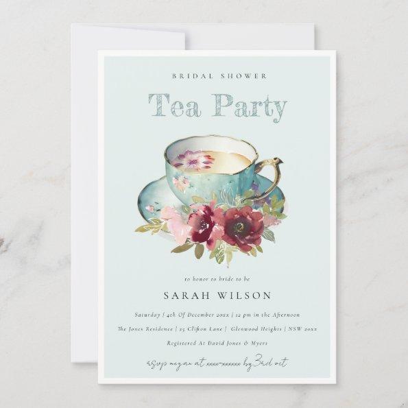 Teal Gold Floral Teacup Bridal Shower Tea Party Invitations