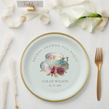 Teal Gold Floral Teacup  Tea Party Paper Plates